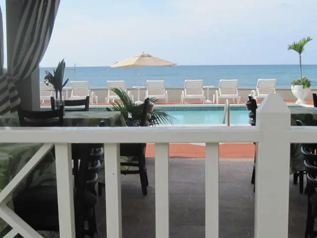 The hotel's terrace and pool, with the sea behind